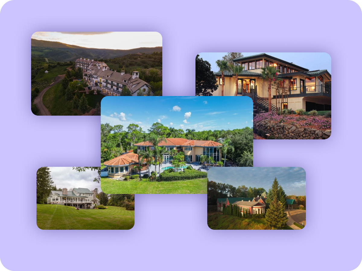 Collage of five treatment centers of various design and locales set upon a purple background